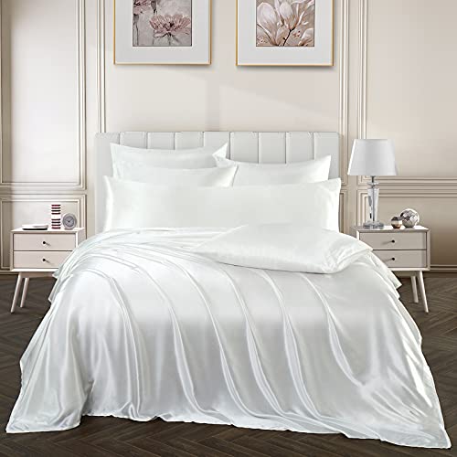 Image of Ersmak 7 Pieces Satin Sheets Set Queen Size, Luxury Silky Ivory White Satin Bed Sheets Set with 1 Deep Pocket Fitted Sheet, 1 Soft Flat Sheet, 4 Queen Pillowcases and 1 Body Pillowcase