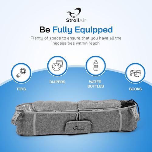 StrollAir Universal Double Stroller Organizer, Insulated Cup Holder Stroller Caddy for TWIN WAY Mountain Buggy Bumbleride Indie Twin Bob Duallie & Baby Jogger City Mini Stroller Accessories, Grey