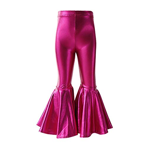 Toddler Kids Baby Girls Metallic Shiny Ruffle Leggings Long Flare Wide Leg Pants High Waist Bell Bottoms Wet Look Faux Leather Casual Trousers Vintage 70s Disco Yoga Dance Pants Hot Pink 2-3 Years