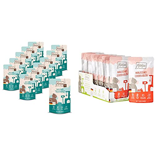 MjAMjAM - Premium Nassfutter für Katzen - Quetschie - purer Fleischgenuss - Gute Pute pur (12 x 125 g) & Premium Nassfutter für Katzen - Quetschie - Mahlzeit mit leckeren Herzen (12 x 125 g)
