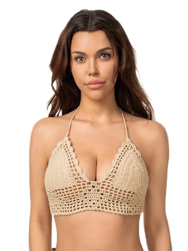Top de biquíni feminino de crochê feito à mão – roupa de praia de verão com silhueta lisonjeira, acessório de banho leve e elegante, Bege, P