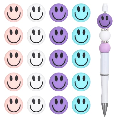 JarThenaAMCS 20 Pcs Smile Face Silicone Beads Happy Face Silicone Focal Beads 4 Colors Loose Rubber Beads for DIY Crafts Pen Keychain Making
