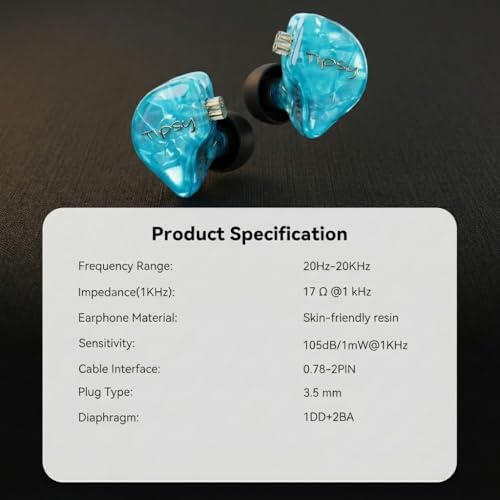 Image of Tipsy M3 Professional IEM for Musicians, 2BA + 1DD Drivers, 36dB PNC, IPX5, Acoustic-Runway Technology, Skin-Friendly Resin, Detachable 0.78mm 2-pin Cable (B-Blue)