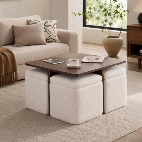 Square Coffee Table with 4 Storage Ottomans Modern Ottoman Coffee Table with Stools Underneath Nesting Coffee Tables with Hidden Storage for Bedroom Living Room Beige