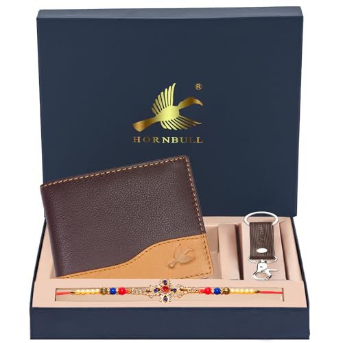 Image of HORNBULL Rakhi Gift Hamper for Brother - Buttler Brown Men's Leather Wallet, Keyring and Rakhi Combo Set for Brother | Wallet