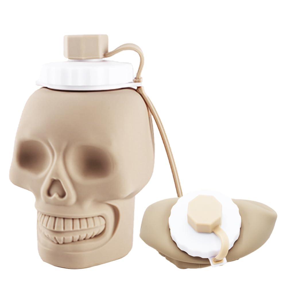Collapsible Silicone Water Bottle 22oz 650ml - Leak-Proof BPA-Free Portable for Sports Travel Camping Skull Design Yellow