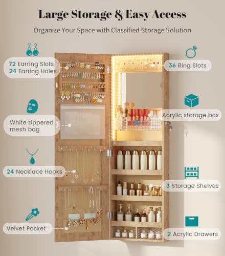 Image of Vlsrka LED Mirror Jewelry Cabinet, Over Door /Wall Mounted Jewelry Organizer