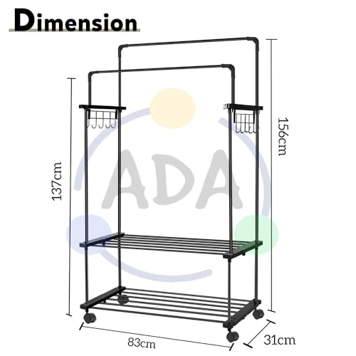 Image of ADA Premium Heavy Duty Metal Garment Rack on Wheels, Dual Layer Clothes Hanging Rail with 10 Side Hooks, 2 Lower Storage Shelves, Clothing Organizer Stand for Bedroom, Laundry Room & Home - Black