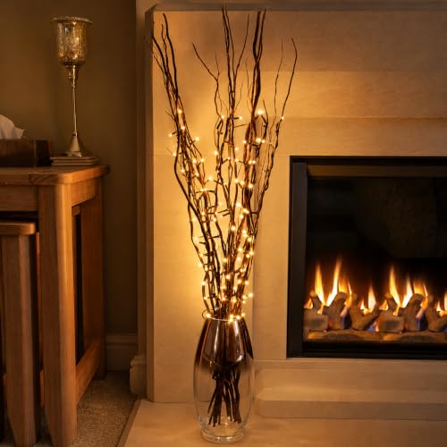 Festive Lights 5 x 87cm Tall Brown Willow Twig Branch Lights 50 Warm White LEDs Plug In Mains Powered Indoor Decorative Christmas & Home Accessory Vase Table Bedroom & Living Room Rustic Decor
