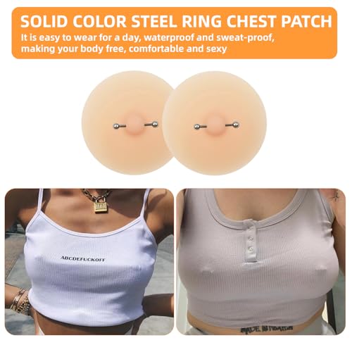 Silicone Nipple Cover with Piercing, Waterproof, Reusable Pasties with Fake Piercing Ring Jewelry for Women(2 Pcs) Beige2