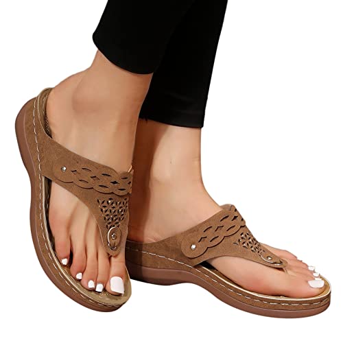Fudule Womens Sandals Flip Flops For Women With Arch Support Comfort Slip On Casual Bohemia Beach Rhinestone Sandal Ladies Travel Walking Flats Shoes C-X-0414-A120 Brown #TOP7