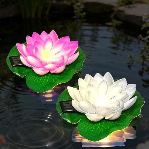 SKIKHN 2 pièce Lumière Flottante de Lotus,Lampe Flottante Piscine Solaire LED, Lanterne Solaire Lotu-étanche, Lampe Solaire Lotus Artificiels pour Bassin...