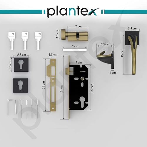 Image of Plantex Triple Security Door Lock for Home /Main Door Lock Set with 3 Years of Warranty by Plantex /Mortise Lock for Door with Brass Lock Body & Cylinder(7026 - Brass Antique)