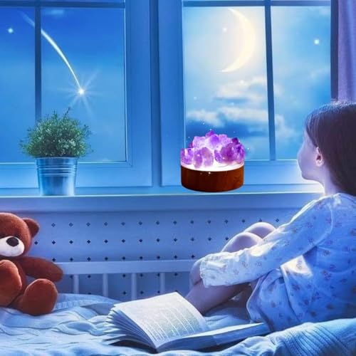 Image of Crystal Lamp Natural Rock Night Light Crystal Amethyst Lights Ambiance Enhancer Quartz Geode Decoration Bedside Table Small Night Lamp for Home, Office, or Space of Meditation (Purple)