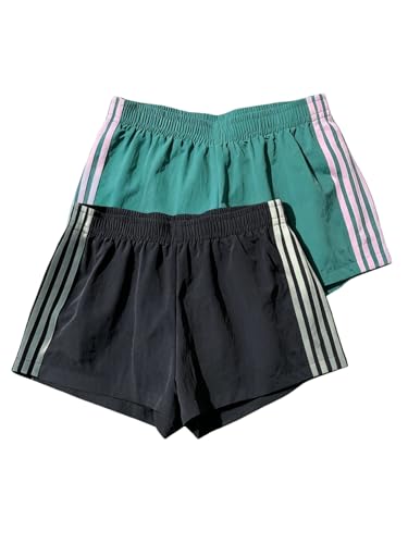 MakeMeChic Women's 2 Pack Striped Running Shorts Summer Track Workout Athletic Shorts Striped Green Black Medium