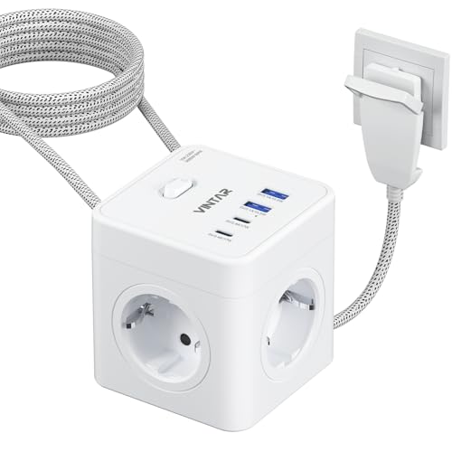 VINTAR 8 en 1 Regleta de Enchufes Enchufe Plano, 4 Compartimento Toma de Corriente Múltiple con 2 USB C y 2 USB A, Sockets 3680W con 2M Trenzado para Cable de Oficina, Hogar