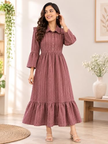 Image of Ayli Women's Textured Long Frock | Full Sleeve Maxi Frock | Tiered A-Line Dress for Casual, Office