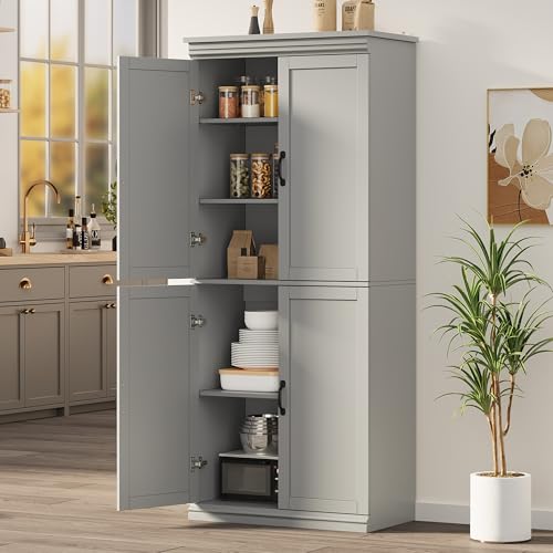 Image of IDEALHOUSE 70 inch Tall Kitchen Pantry Cabinet with Doors and Adjustable Shelves, Tall Storage Cabinet for Dining Room, Freestanding Cupboard, Kitchen, Dining Room, Living Room, Gray