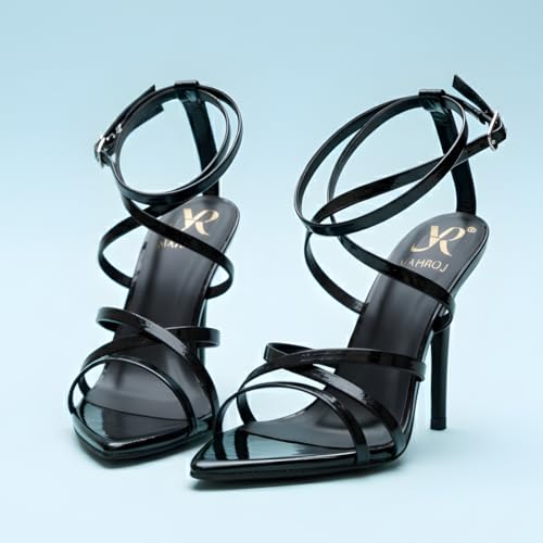 Image of Women's Sultry Pointed Toe Stiletto Heels All-Black Elegant Party Heels with Intricate Strap Detailing