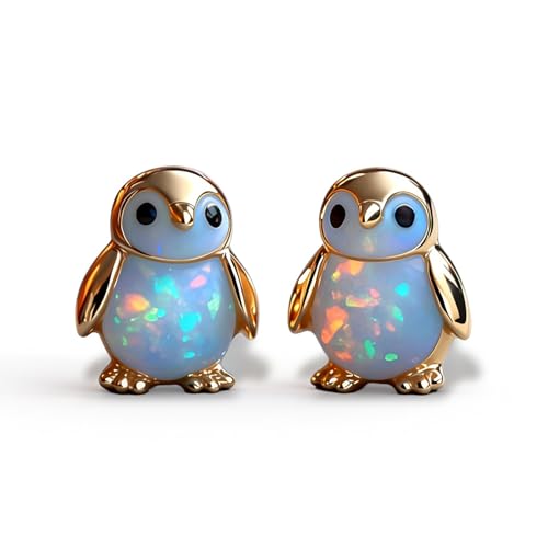 Penguin Opal Stud Earrings Tiny Gold Plated Penguin Earrings Animal Shaped Opal Stud Jewelry Suitable Dainty Stud Gifts for Women (Gold)