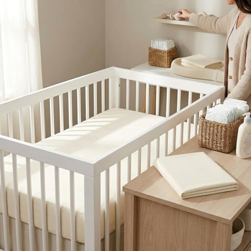 Image of Everyday Kids 2-Pack Fitted Crib Sheets, 100% Soft Breathable Microfiber Baby Sheet, Fits Standard Size Crib Mattress 28in x 52in, White Nursery Sheet and Beige Nursery Sheet