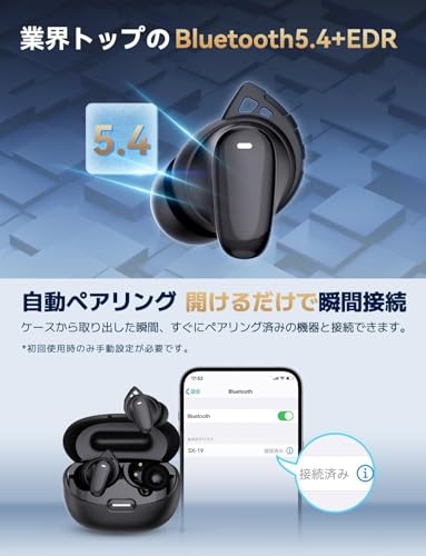 Bluetoothイヤホン ワイヤレスイヤホン 6つのシリコンマイク搭載 AIスマートENC通話ノイズキャンセリング IPX7防水 最大65時間再生 2026年最新Bluetooth5.4ブルートゥースイヤホン 全音域HIFI音質低遅延接続瞬時WEB会議/運動/ゲーム/通学通勤/スポーツ/音楽用 iPhone/Android対応