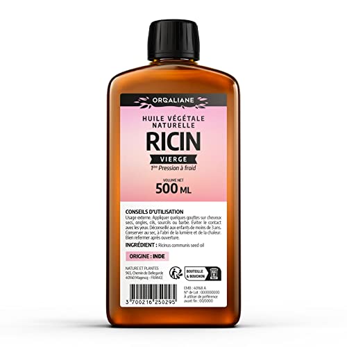 Huile de Ricin 500 ml - Orgaliane - Pure et Naturelle - Barbe, Cheveux, Cils, Ongles, Peau.