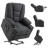 HOMCOM Oversized Riser and Recliner Chairs for the Elderly, Fabric Upholstered Lift Chair for Living Room with Remote Control, Side Pockets, Cup Holder, Charcoal Grey