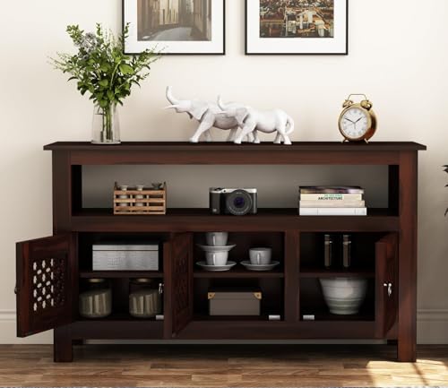 Image of SHIKHA WOOD CRAFT Solid Sheesham Wood Sideboard Cabinet with 3 Door and 1 Open Shelf | Multipurpose Wooden Storage Organizer Furniture for Bedroom, Kitchen, Home, Living Room and Office(Walnut Finish)
