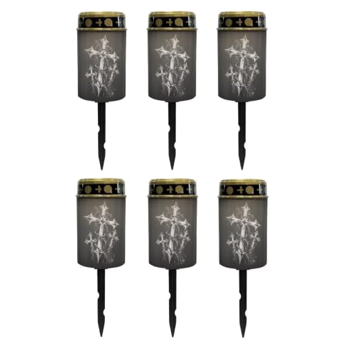 Image of Poceacles Solar Powered Outdoor Lights Cemetery Solar Memorial Lights Outdoor Waterproof Landscape Candles for Yard Patio Lawn Home Decor, Cross Print Black, Set of 6
