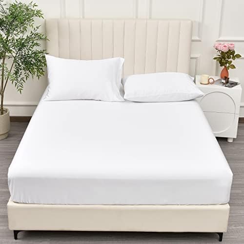 PHF 100% Rayon Derived from Bamboo Fitted Sheet Queen Size, 16" Deep Pocket,2.5cm Wider Strong Elastic Easy Fit, Breathable Silky Soft Skin-Friendly for Hot Sleeper, 60"x 80",White, No Pillowcases - Thumbnail 4