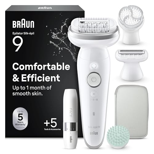 Braun Silk-Épil 9 Skinspa, Epilatore Elettrico Donna con Testina Flessibile, Wet&Dry, Pelle Liscia a Lungo, Spazzola Esfoliante, Accessorio Massaggiante Corpo, Testina Radente, Cappuccio Regolatore