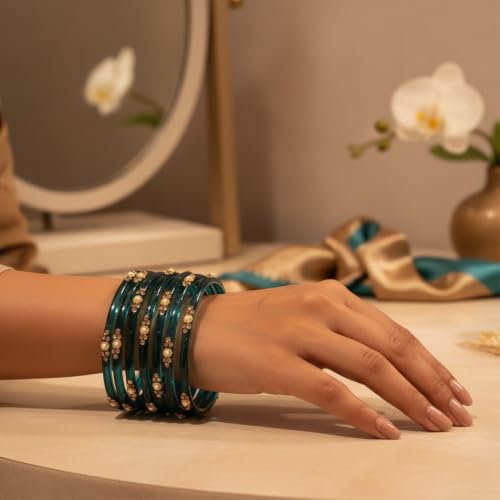 Image of SUNDRAM Women's Premium Fancy Glass Bangles for Women & Girls |with Zircon Gemstone Work & Charm| Traditional Ethnic Bangles Set of 12