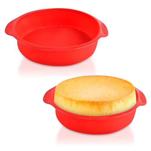 UOSIWYA Moldes de silicona de 9 pulgadas para hornear, 2 moldes redondos antiadherentes de silicona para hornear moldes de silicona ondulados para hornear pasteles de queso (rojo)