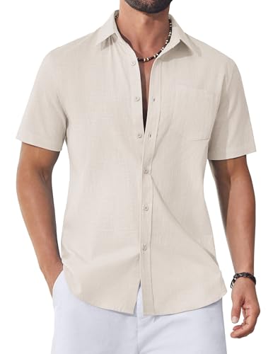 COOFANDY Mens Shirts Short Sleeve Summer Cotton Shirt for Men Adult Regular Fit Casual Men's Holiday Beach Tops with Pocket Beige L