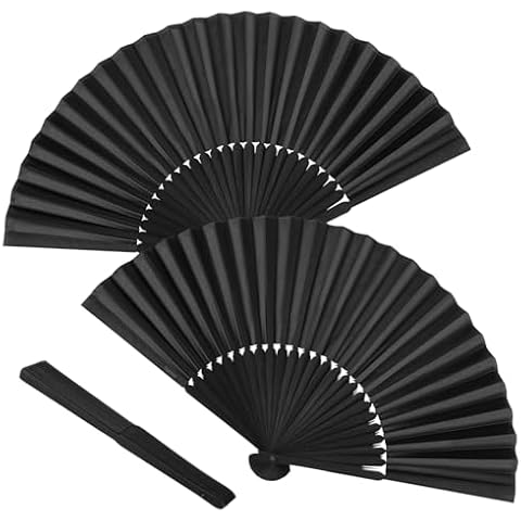 Minelife Tkocisa 2 Pack Bamboo Silk Folding Fan Handheld, Chinese Vintage Retro Fabric Fans, Black Hand Fan for Performance, Dance, Fighting, Wedding, Church, Party & Gift Cover
