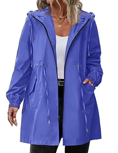 IN'VOLAND Damen Regenjacke Übergröße Langer Regenmantel Leichte Kapuze Windbreaker Wasserdichte Jacken mit Taschen, Königsblau, 58 Große Größen