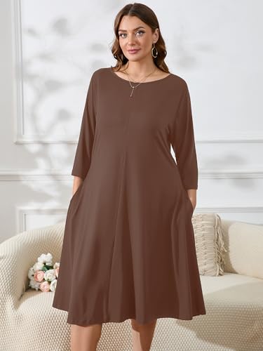Image of AusLook Women's Plus Midi Dresses Crew Neck A Line 3 /4 Sleeves Casual Elegant Loose Wedding Vacation Dress with Pockets