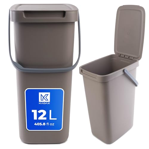 KADAX Abfallbehälter mit Deckel und Griff, Abfalleimer aus Plastik, Mülleimer für die Mülltrennung, Rechteckiger Abfallsammler mit Klappdeckel (Braun, 12L)