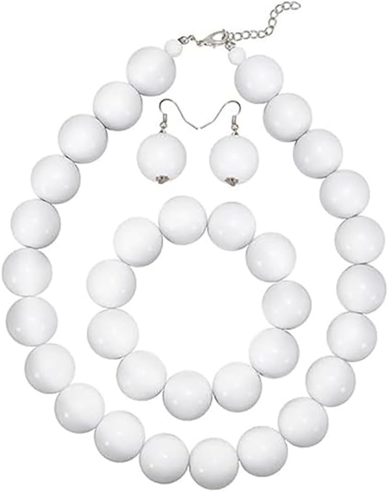 White Beads Necklace For Women, 3 PCS White Beads Choker Statement Adjustable Necklace White Unique Trendy Delicate Bracelet White Dainty Hypoallergenic Earring Set Christmas Birthday Anniversary Jewelry Gift