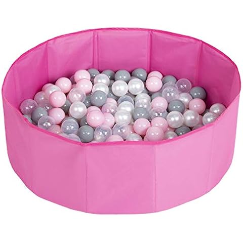 Selonis Children Colourfull Foldable Ballpit with 100 Balls, Pink:Pearl/Grey/Transparent/Powderpink Cover