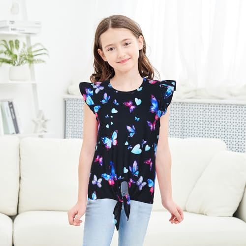 Image of JESKIDS Girls Short Sleeve Shirts Ruffle Tie Front Unicorn /Tie Dye Print Summer Tee Tank Tops 3-11 Years