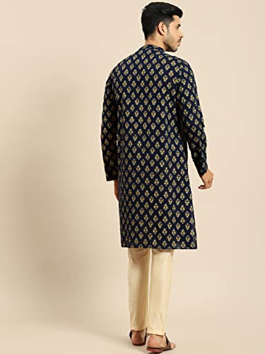 Image of Men's Navy Blue Cotton Festive Wear Regular Fit Woven Design Kurta | Indian Wedding Wear Kurta | Festive Ethnic Kurta