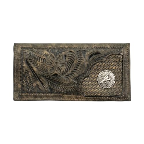 American West Leather Rodeo Wallet For Men | Genuine Hair-On Leather Mens Western Wallet | Long Wallet With Concho (Distressed Charcoal Brown)