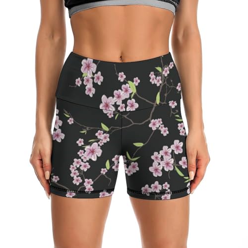 Cherry Blossoms Flower Pattern High Waist Yoga Shorts for Women Athletic Shorts Leggings Running Pants