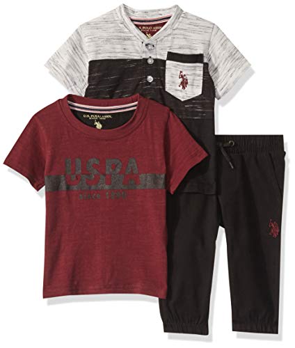 U.S. Polo Assn. Baby Boy's Short Sleeve T-Shirt, Henley T-Shirt, and Twill Jogger Pant Pants, Maroon Black, 12M