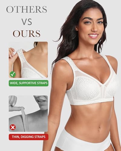Lemorosy Damen Komfort Vollschalen Minimizer BH Ohne Bügel Ungepolstert Große Brüste Starker Halt Bügelloser Klassischer Entlastungs Bra (85C,Weiß)
