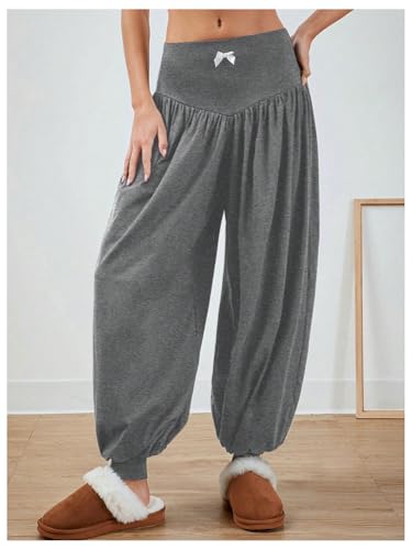 MakeMeChic Women's Bow Knot Elastic Waist Pants Loose Fit Plain Summer Baggy Trousers4