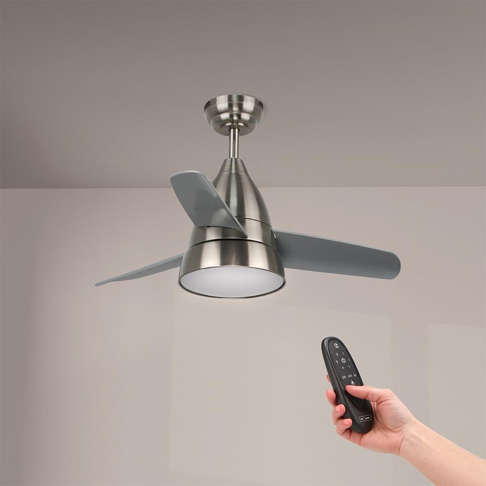 M mimotec - Ventilatore a soffitto Led Silence 54W Nichel, telecomando, motore DC 30W+Luce Led 24W, 6 velocità, Silenzioso,3 Lame, 91 cm, funzione estate-inverno, timer