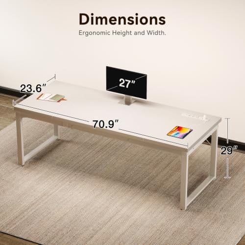 Image of Coleshome 71 Inch Long Computer Desk with Power Outlet, Thicker Desktop & Legs, Large Heavy Duty Office Desk for Home Office & Gaming, White